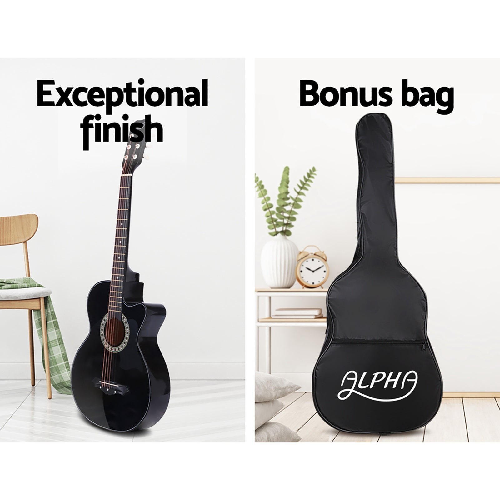 Alpha 38 Inch Acoustic Guitar Wooden Body Steel String Full Size w/ Stand Black 4