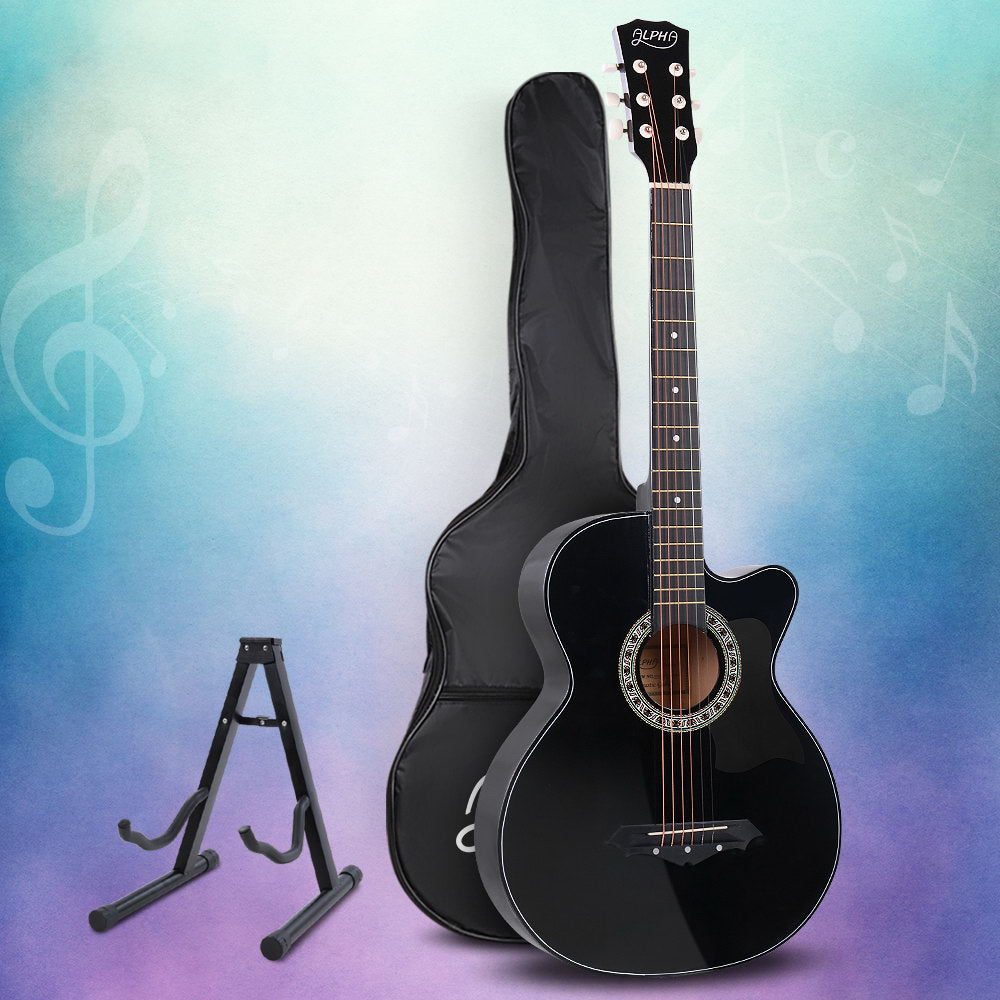 Alpha 38 Inch Acoustic Guitar Wooden Body Steel String Full Size w/ Stand Black 7