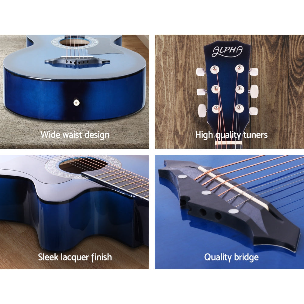 Alpha 38 Inch Acoustic Guitar Wooden Body Steel String Full Size Cutaway Blue 5