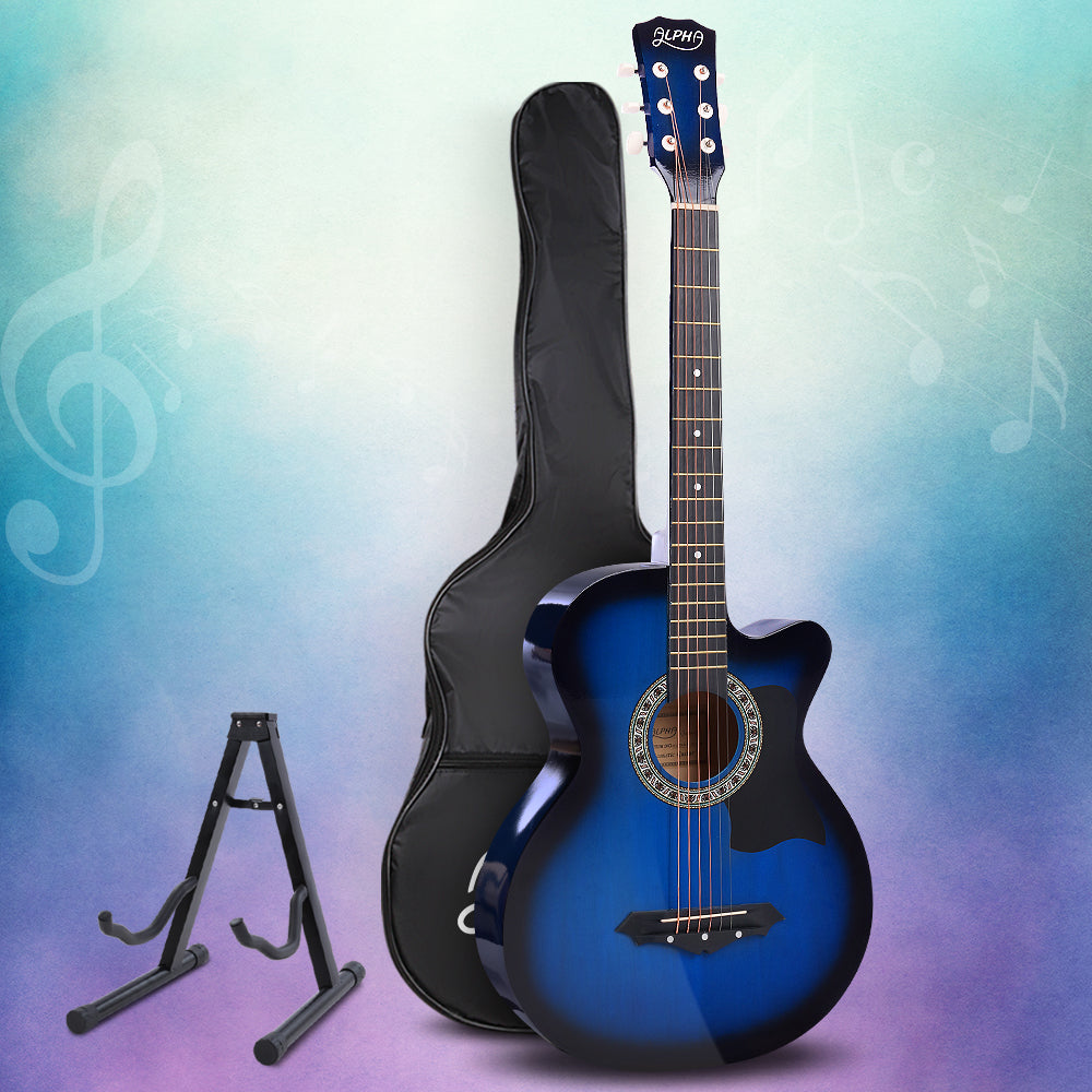 Alpha 38 Inch Acoustic Guitar Wooden Body Steel String Full Size w/ Stand Blue 5