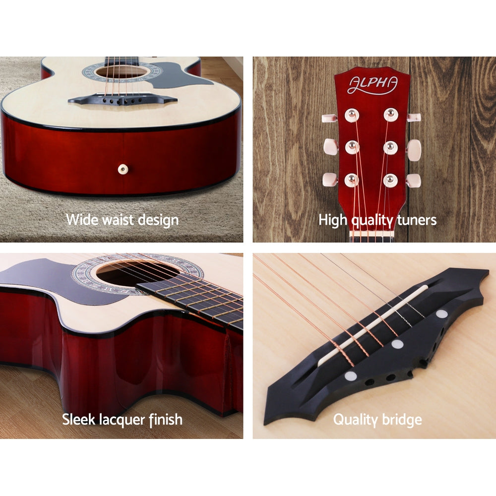 Alpha 38 Inch Acoustic Guitar Wooden Body Steel String Full Size Cutaway Wood 5