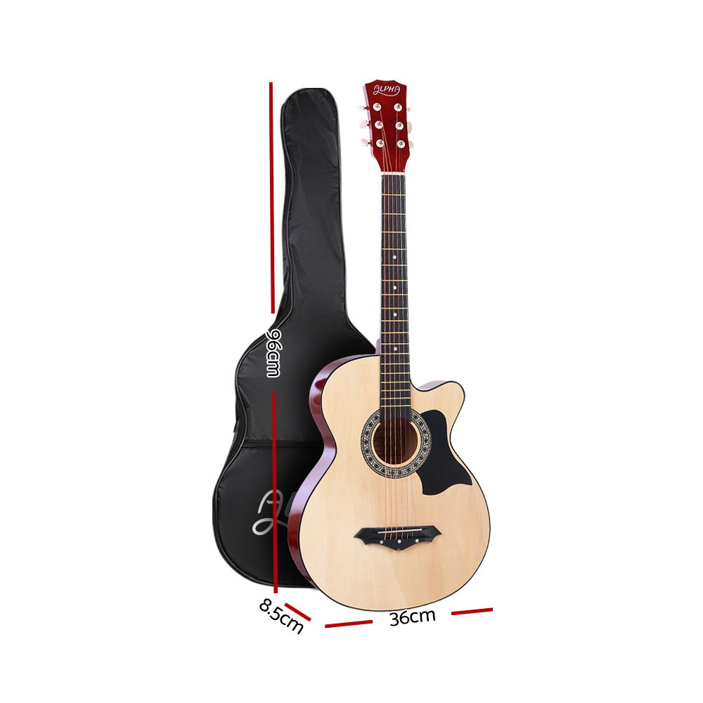 Alpha 38 Inch Acoustic Guitar Wooden Body Steel String Full Size w/ Stand Wood 3