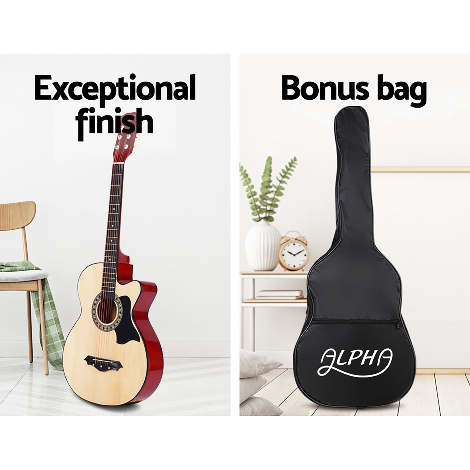 Alpha 38 Inch Acoustic Guitar Wooden Body Steel String Full Size w/ Stand Wood 4