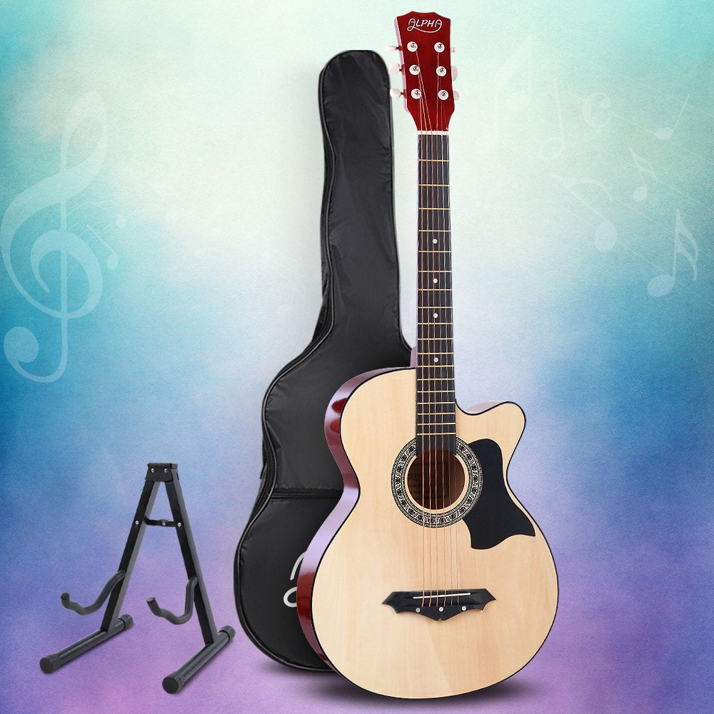 Alpha 38 Inch Acoustic Guitar Wooden Body Steel String Full Size w/ Stand Wood 7