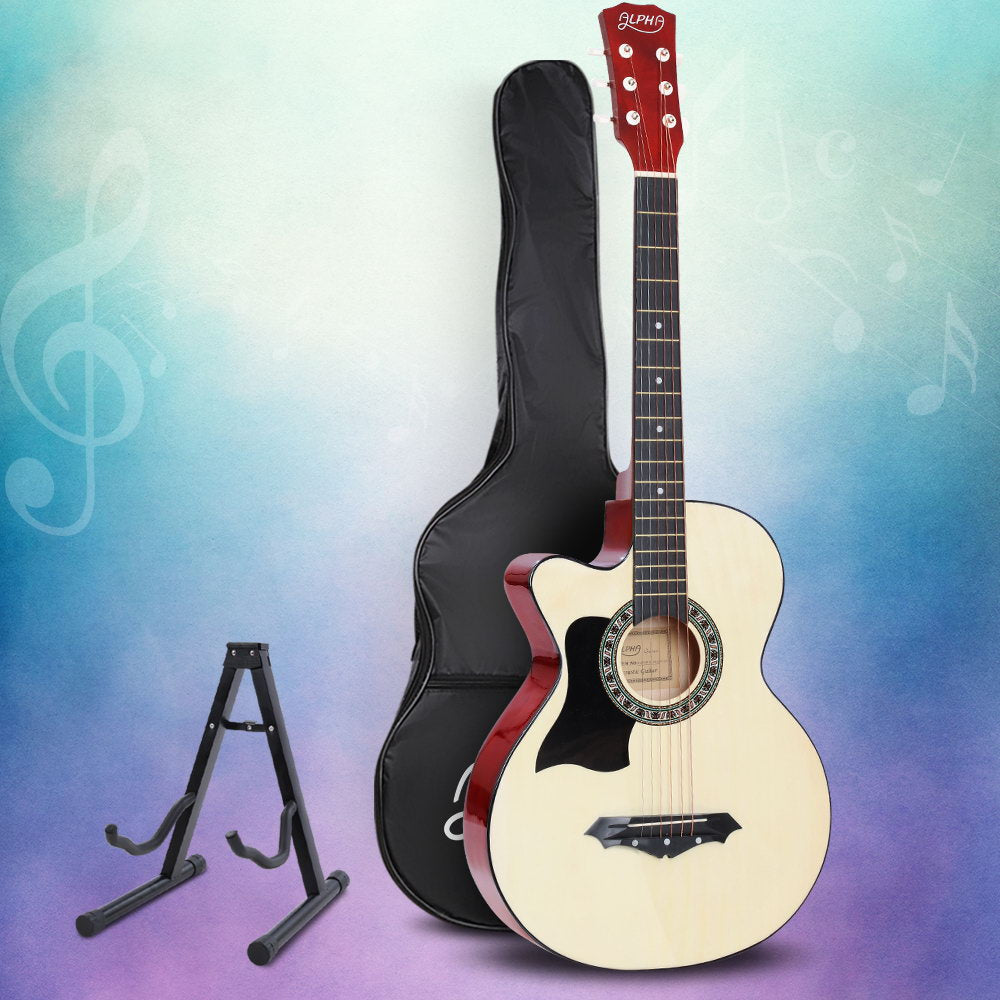 Alpha 38 Inch Acoustic Guitar Wooden Body Steel String w/ Stand Left Handed 7
