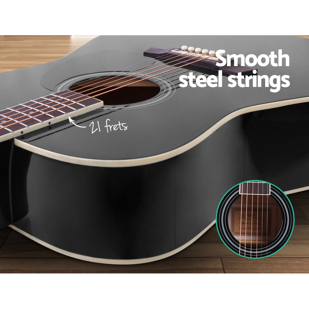 Alpha 41 Inch Acoustic Guitar Wooden Body Steel String Dreadnought Black 4