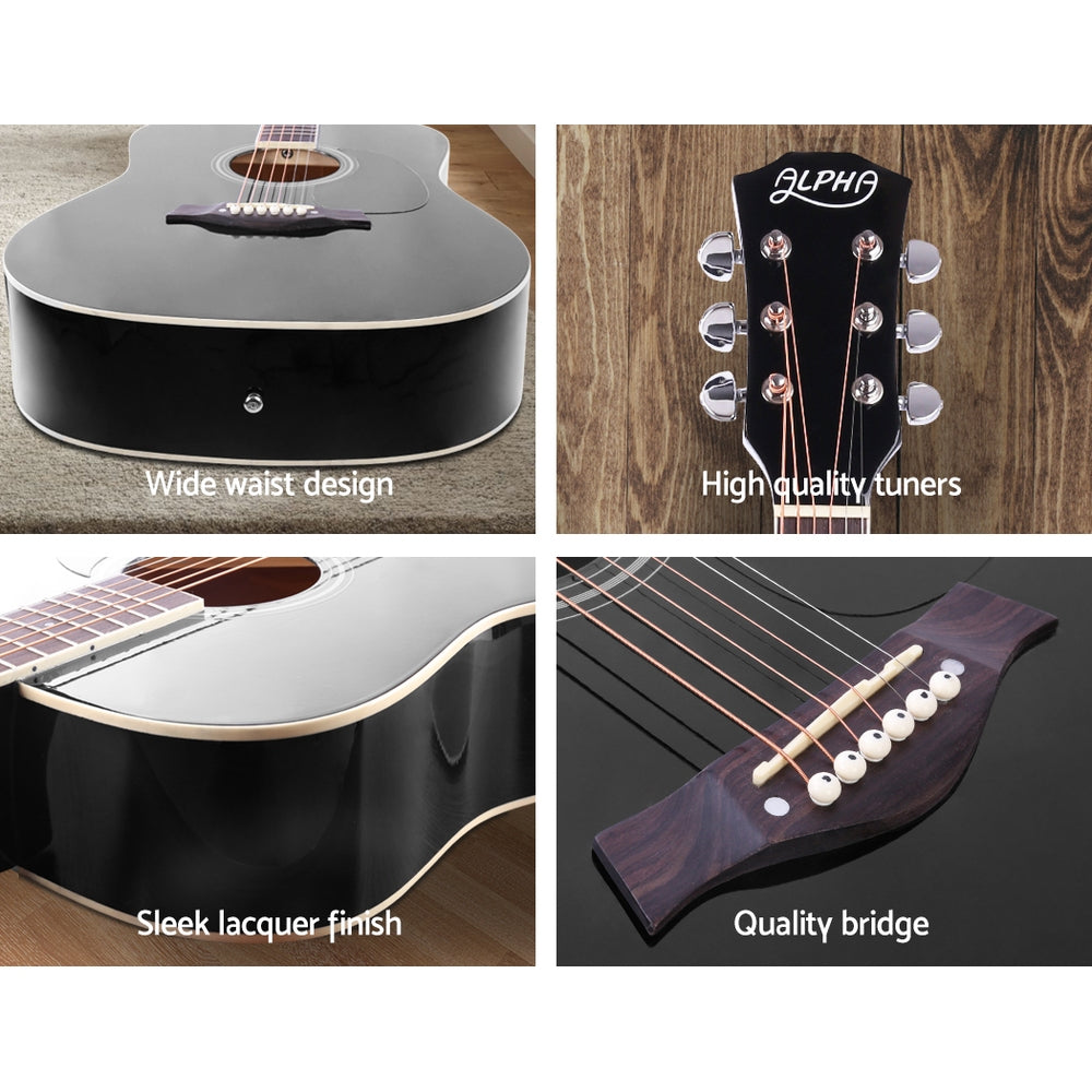 Alpha 41 Inch Acoustic Guitar Wooden Body Steel String Dreadnought Black 5