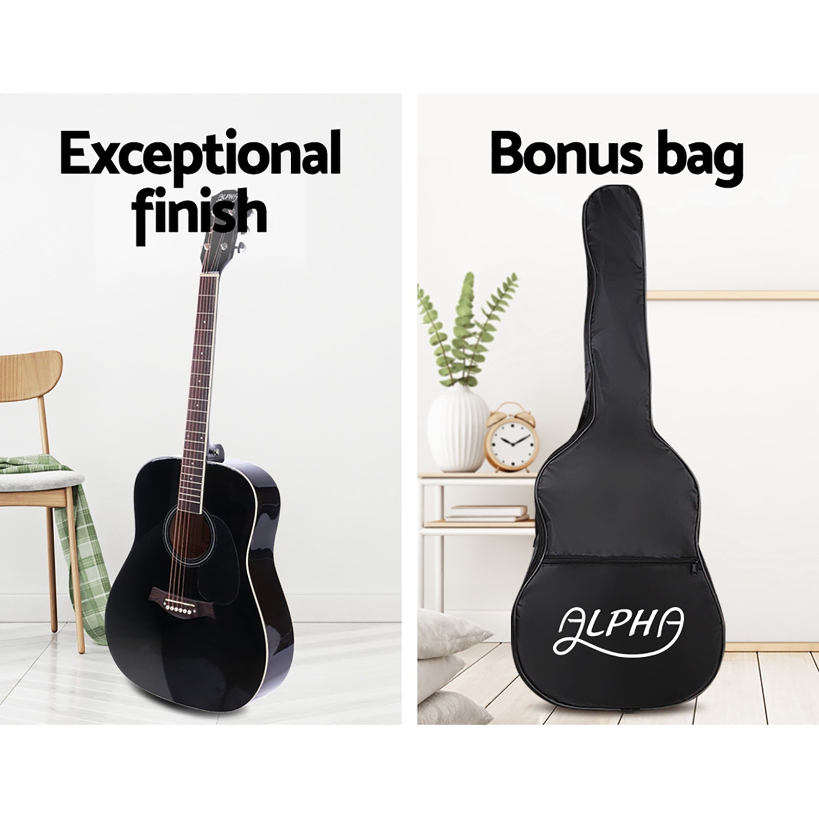Alpha 41 Inch Acoustic Guitar Wooden Body Steel String Dreadnought Stand Black 5
