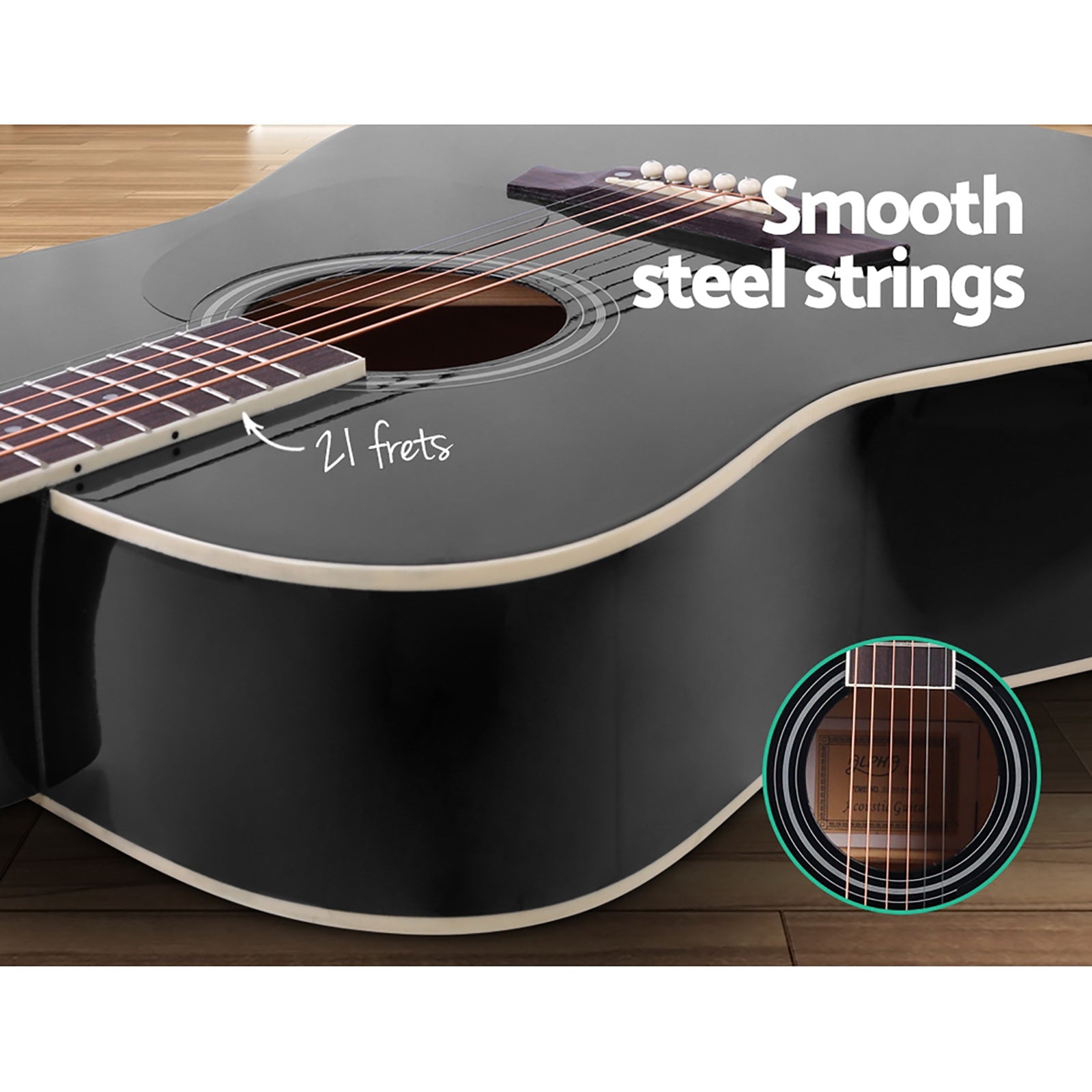 Alpha 41 Inch Acoustic Guitar Wooden Body Steel String Dreadnought Stand Black 7