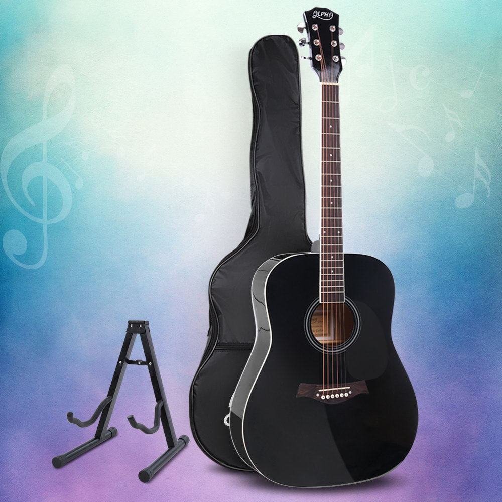 Alpha 41 Inch Acoustic Guitar Wooden Body Steel String Dreadnought Stand Black 8