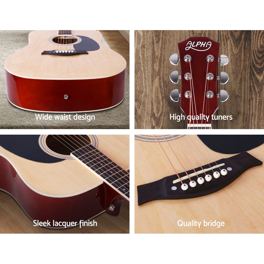 Alpha 41 Inch Acoustic Guitar Wooden Body Steel String Dreadnought Wood 5