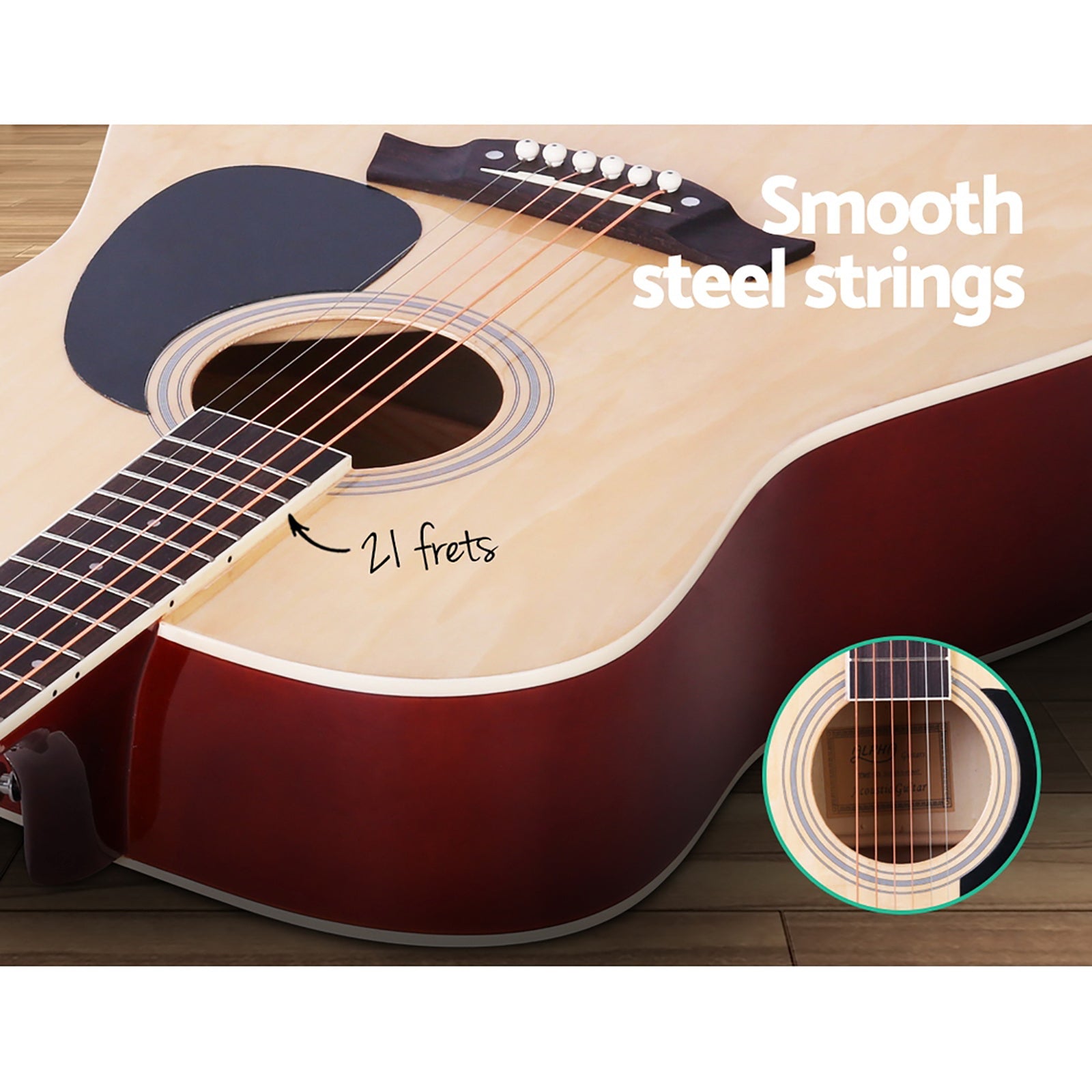 Alpha 41 Inch Acoustic Guitar Wooden Body Steel String Dreadnought Stand Wood 7