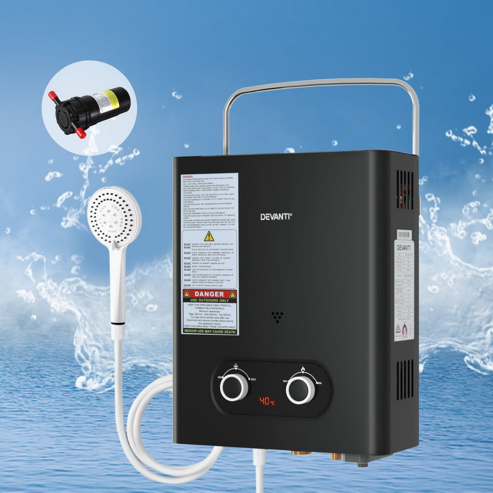 Devanti Portable Gas Water Heater LPG-powered System Black With Pump 8