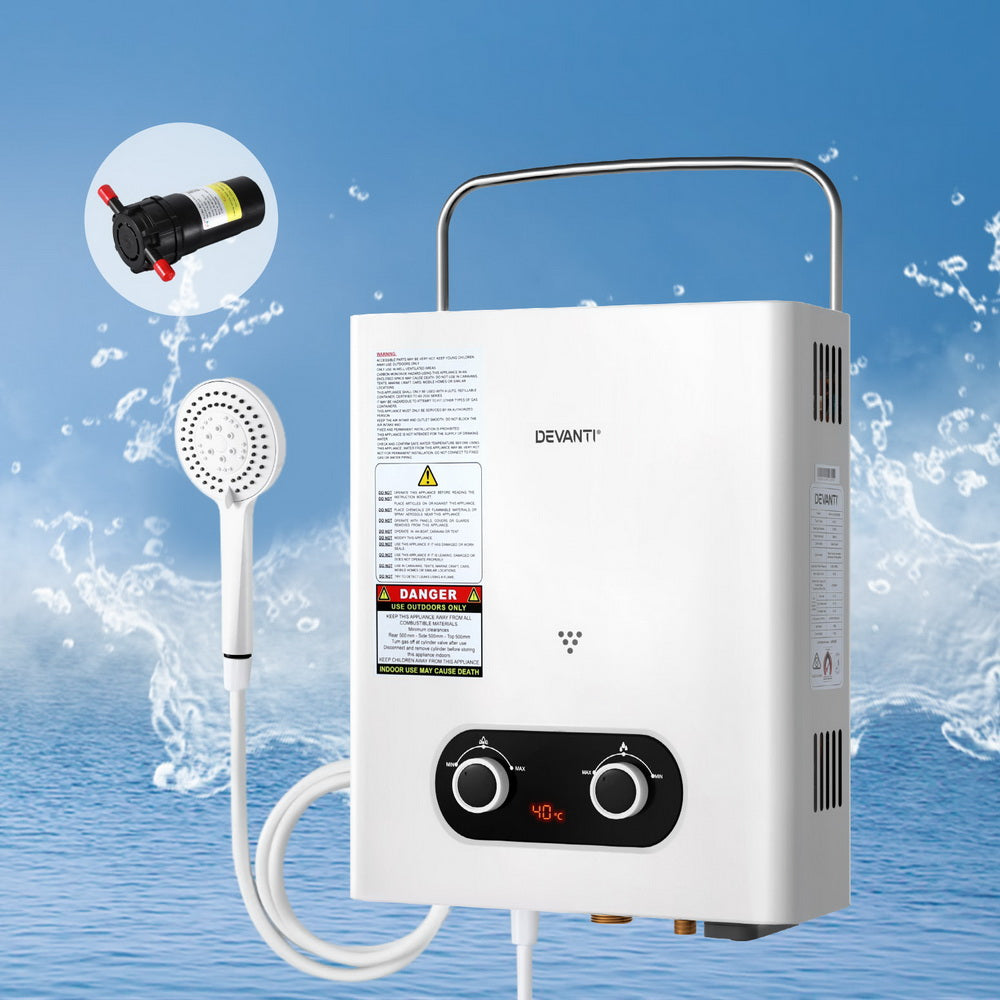 Devanti Portable Gas Water Heater LPG-powered System White With Pump 8