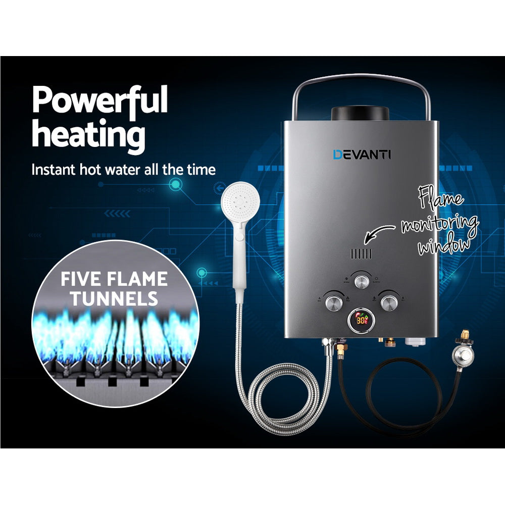 Devanti Portable Gas Water Heater 8L/Min LPG System Grey 5