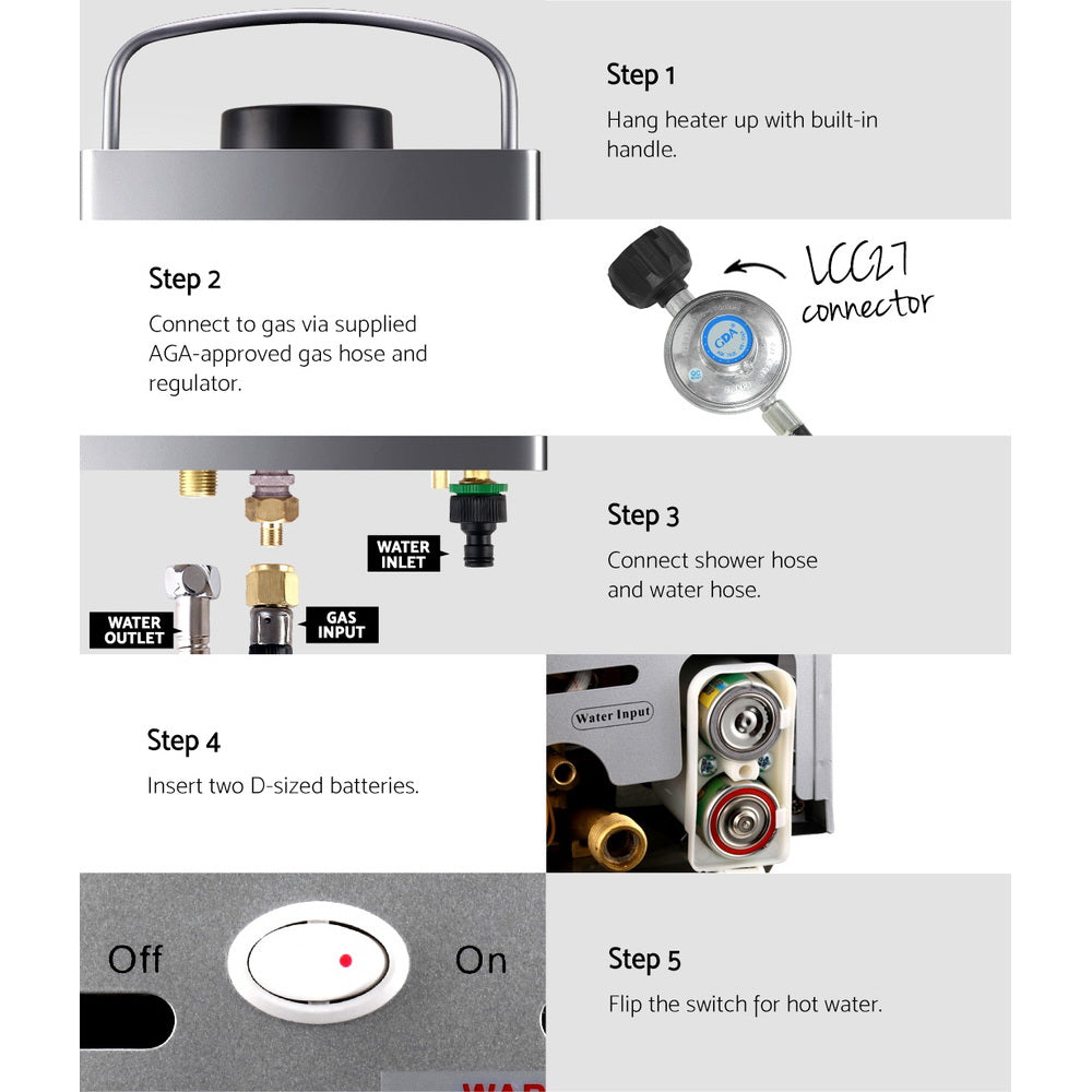 Devanti Portable Gas Water Heater 8L/Min LPG System Grey 7