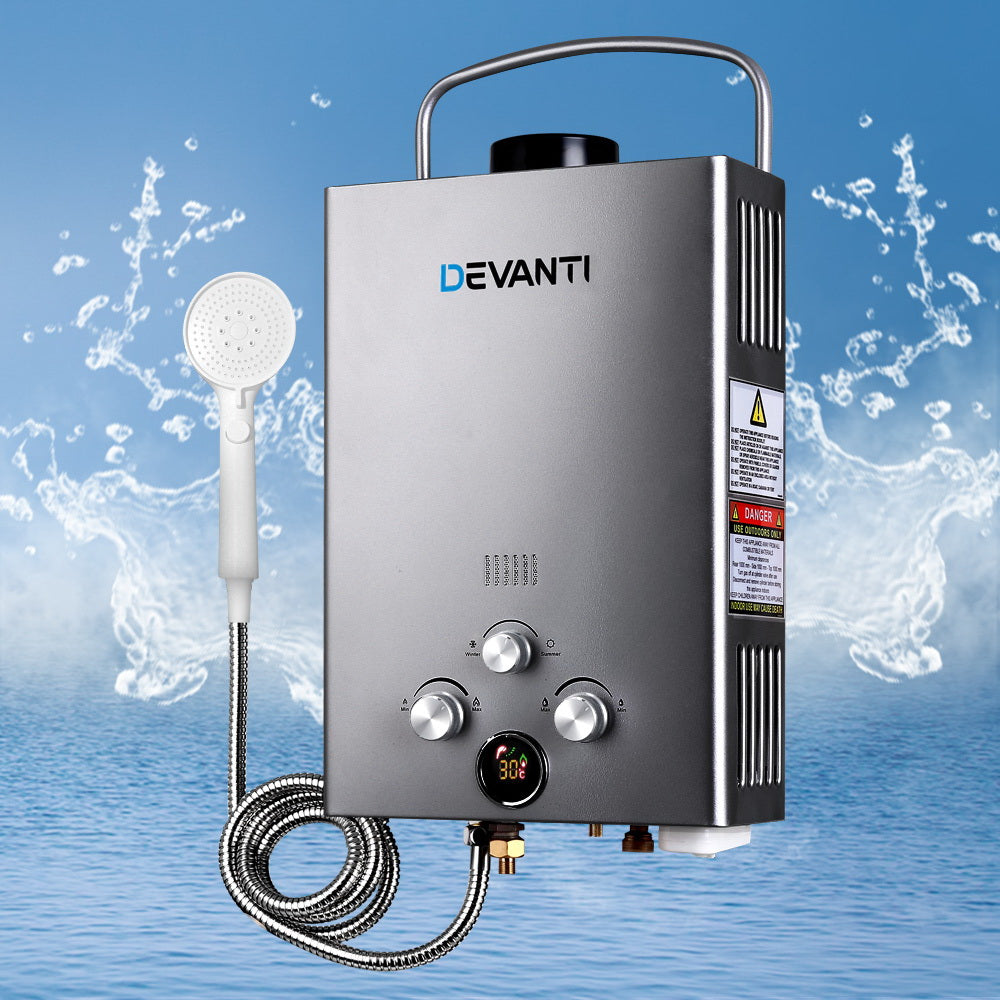 Devanti Portable Gas Water Heater 8L/Min LPG System Grey 8