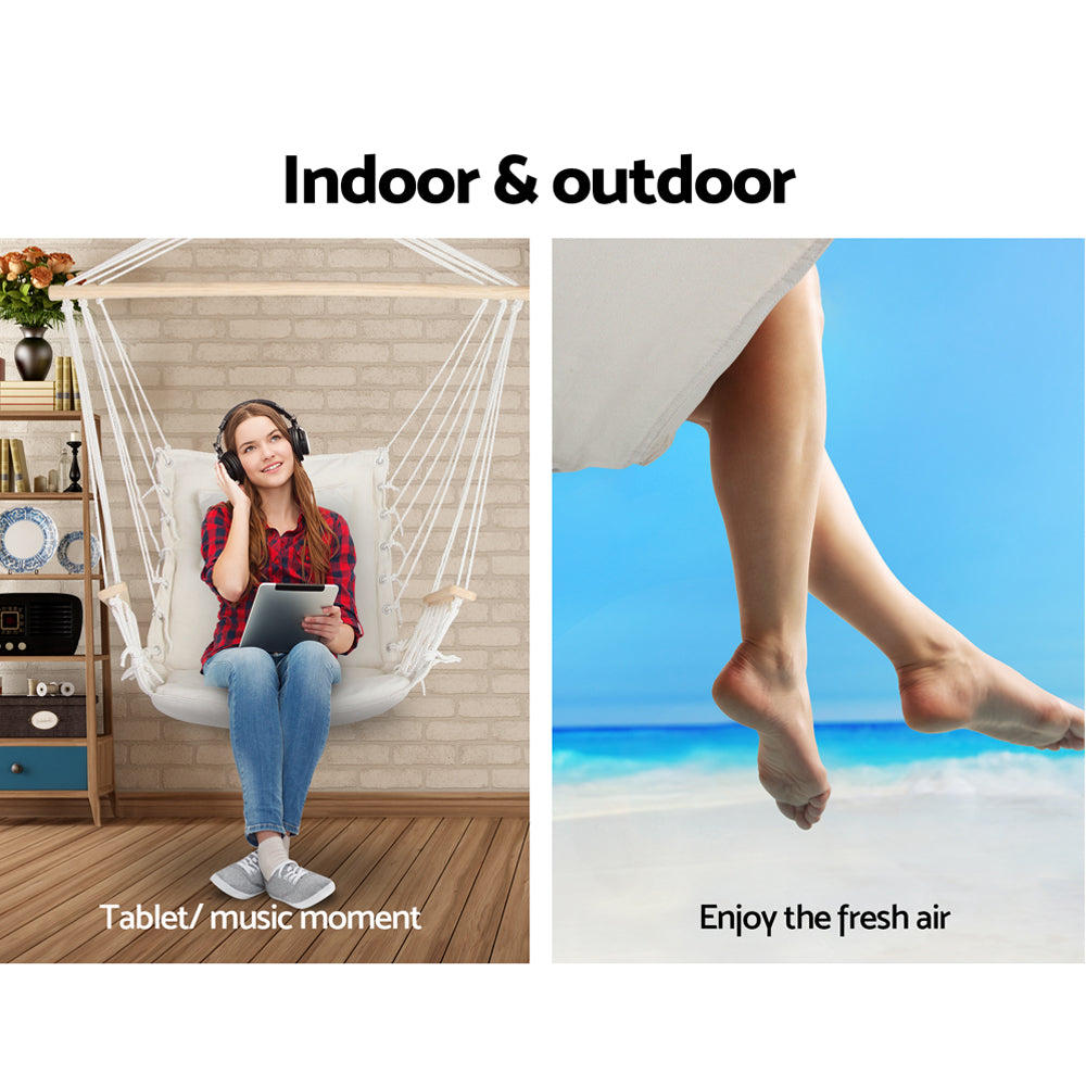 Gardeon Hammock Chair Hanging with Armrest Camping Hammocks Cream 3