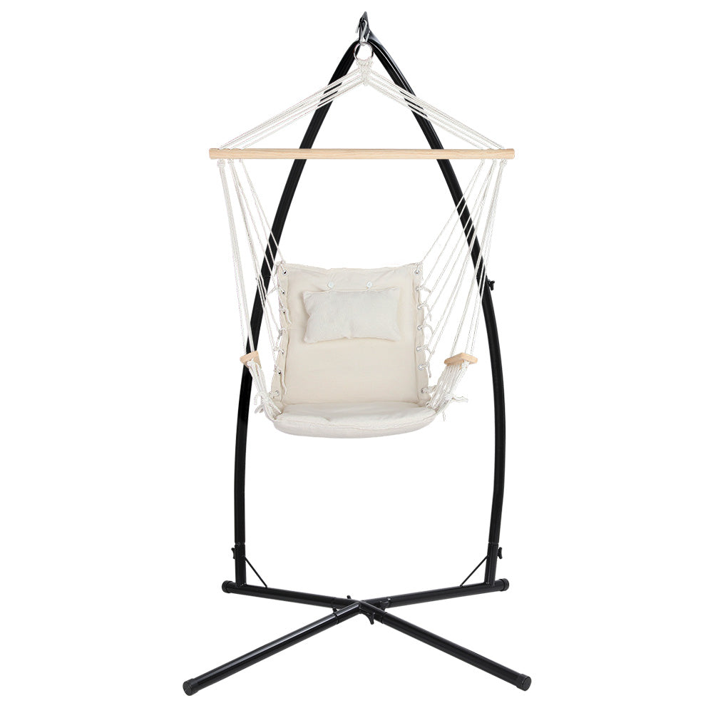 Gardeon Hammock Chair with Steel Stand Armrest Outdoor Hanging Cream 3