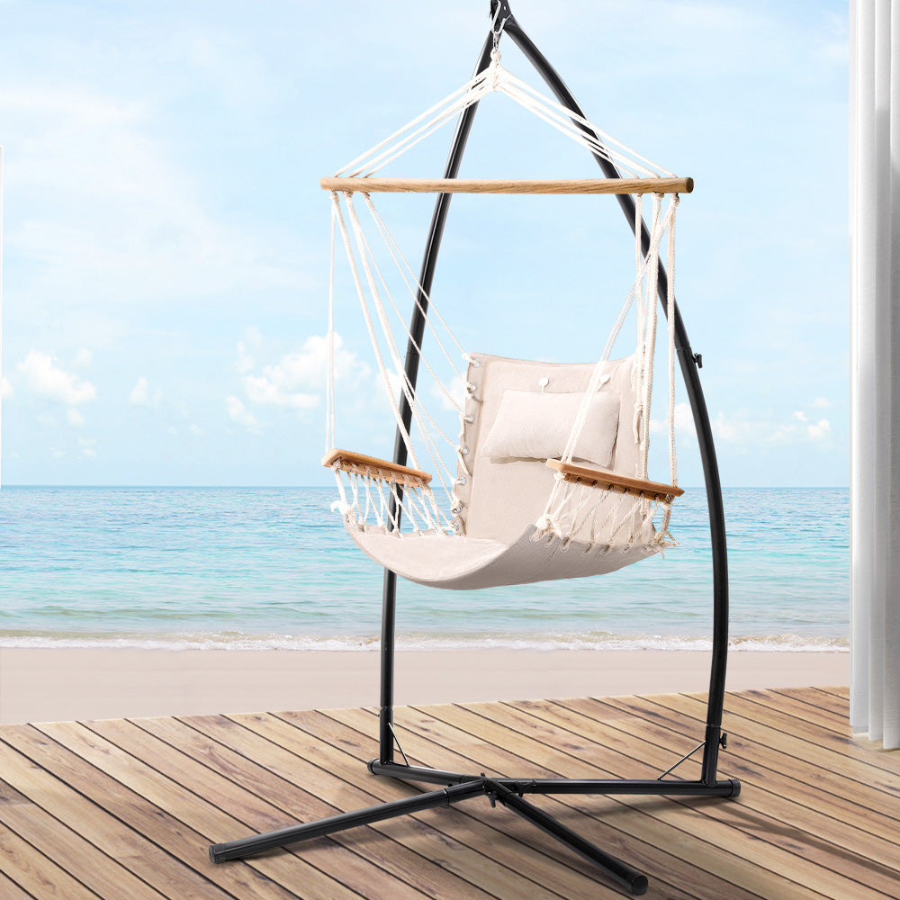 Gardeon Hammock Chair with Steel Stand Armrest Outdoor Hanging Cream 8