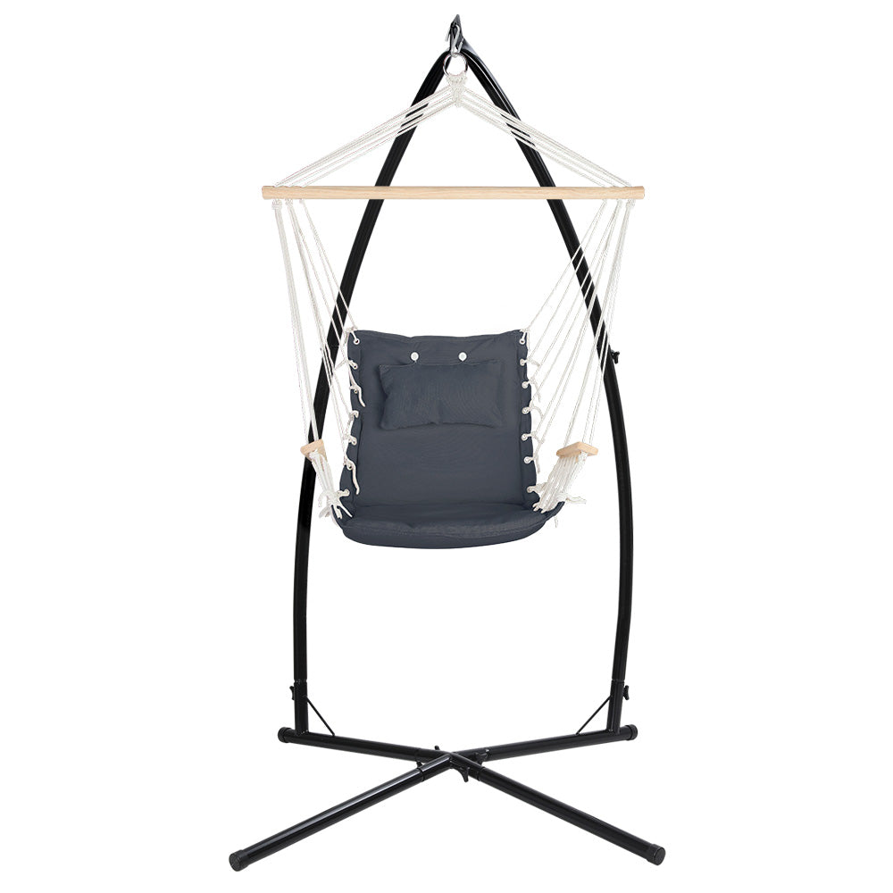 Gardeon Hammock Chair with Steel Stand Armrest Outdoor Hanging Grey 3
