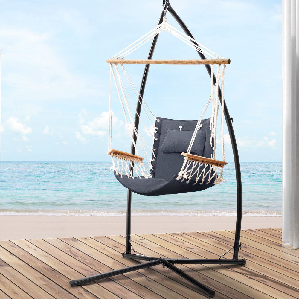 Gardeon Hammock Chair with Steel Stand Armrest Outdoor Hanging Grey 8