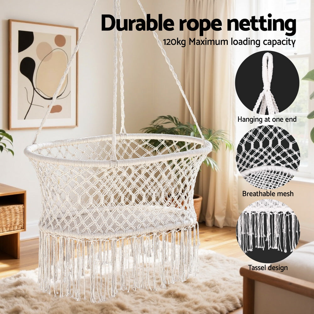 Gardeon Hammock Chair Cotton Swing Chair Outdoor Indoor Cream 4