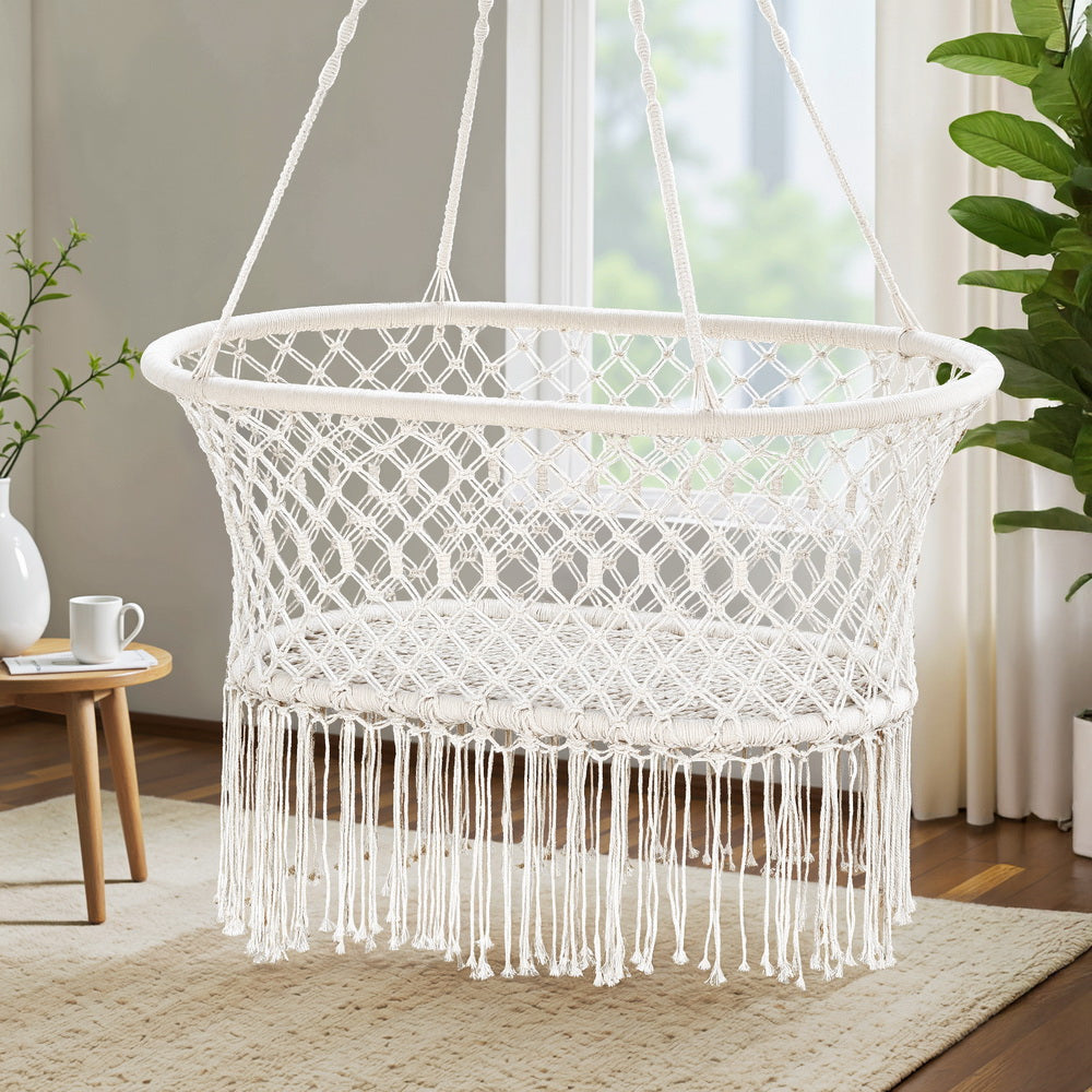 Gardeon Hammock Chair Cotton Swing Chair Outdoor Indoor Cream 7