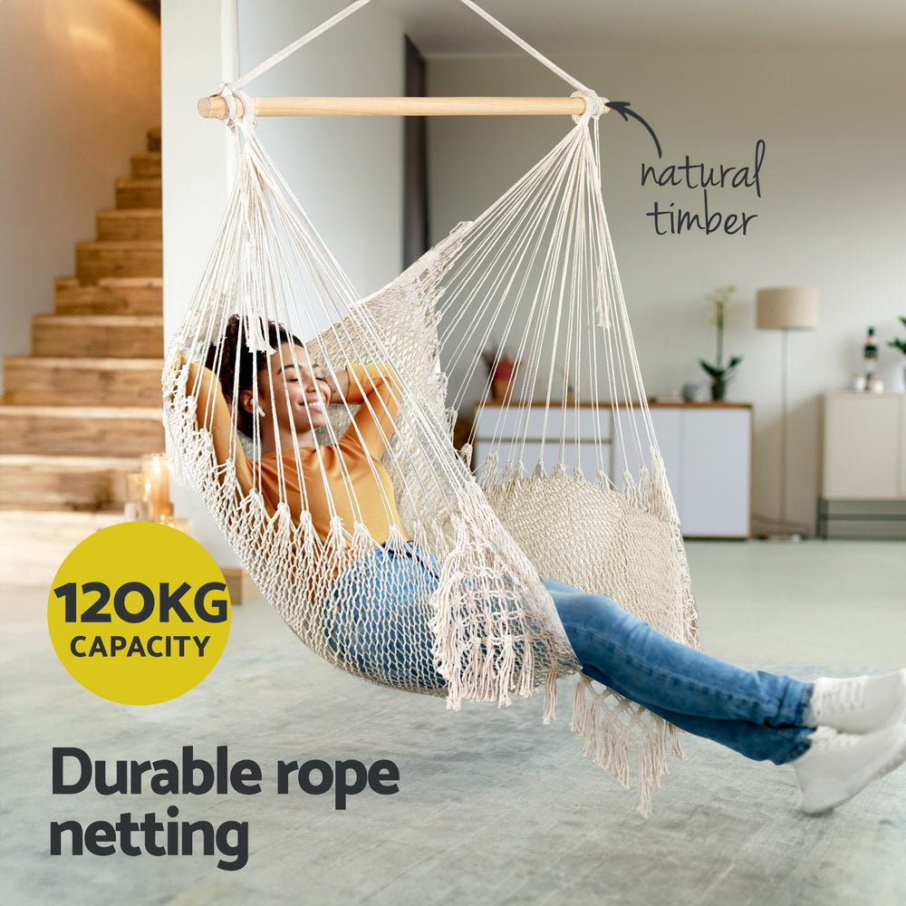 Gardeon Hammock Chair Swing Camping Mesh Cream 4