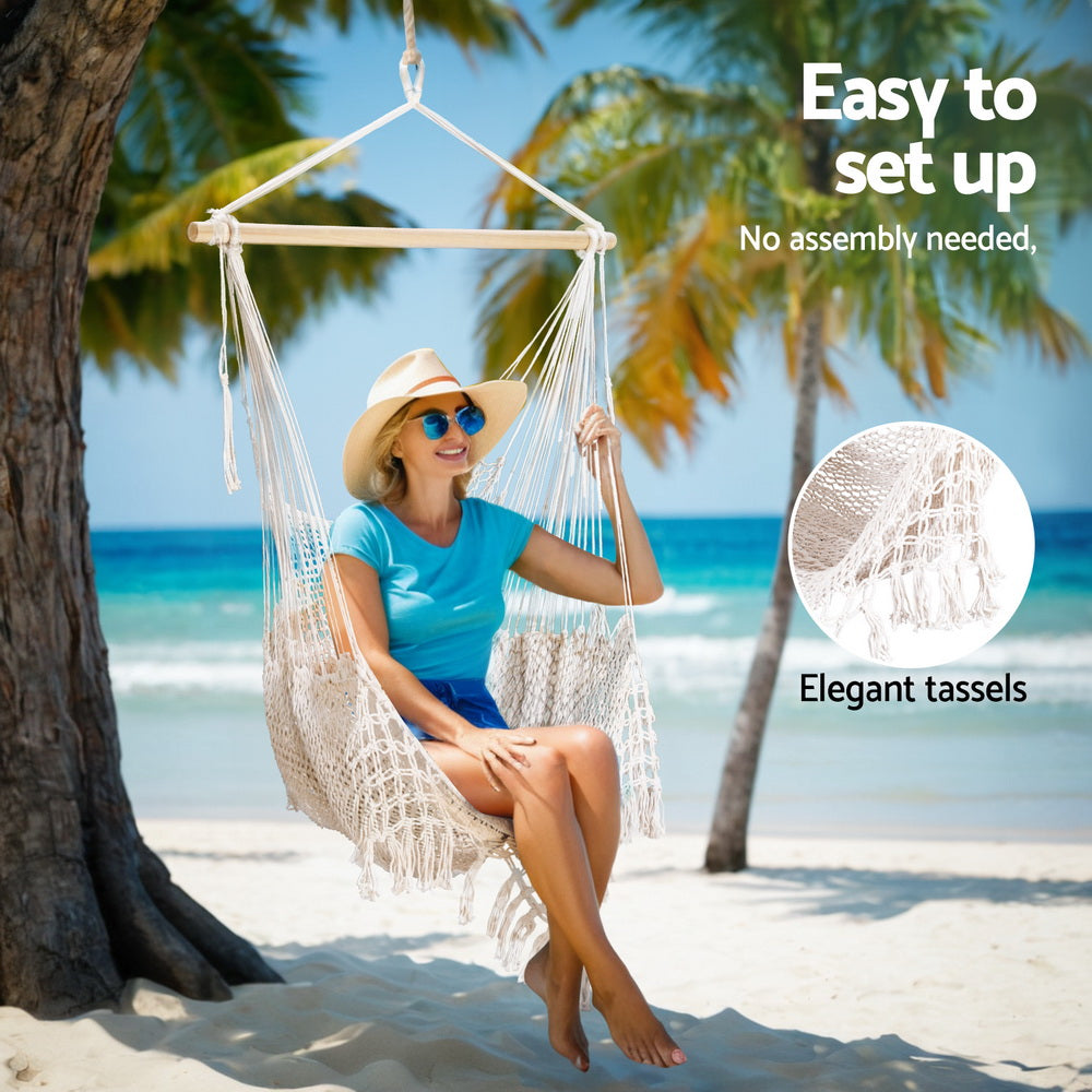 Gardeon Hammock Chair Swing Camping Mesh Cream 5