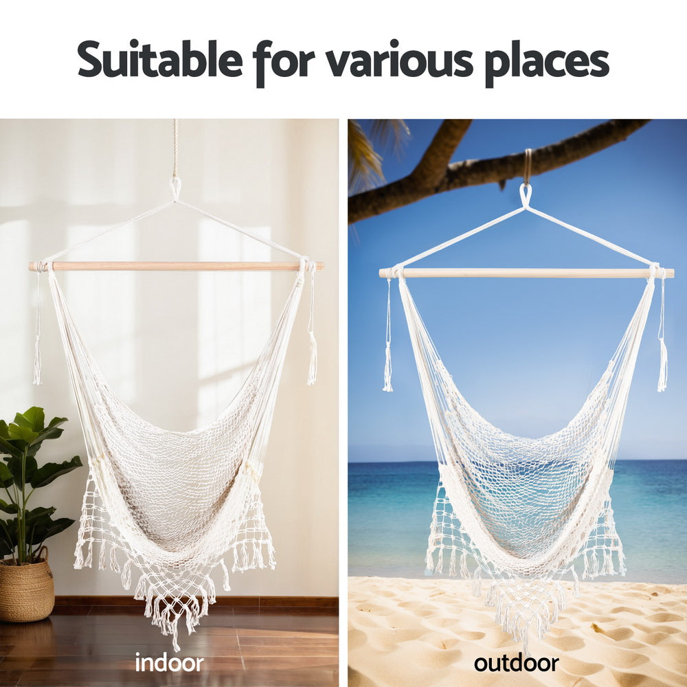 Gardeon Hammock Chair Swing Camping Mesh Cream 6