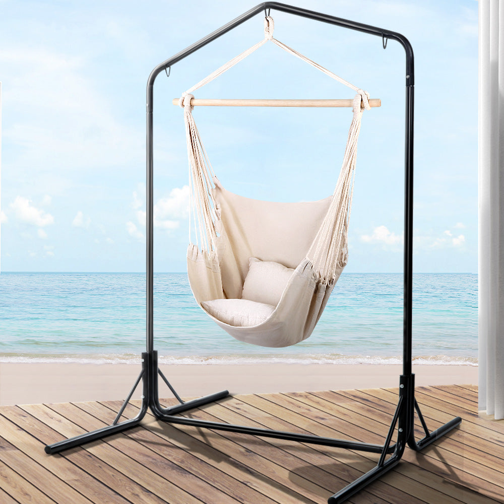 Gardeon Outdoor Hammock Chair with Stand Hanging Hammock with Pillow Cream 8