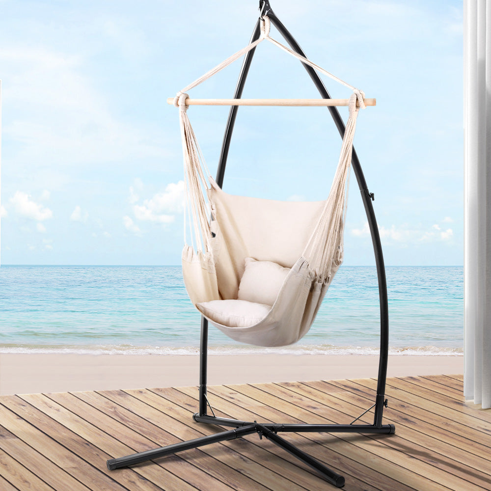 Gardeon Hammock Chair Outdoor Camping Hanging with Steel Stand Cream 7
