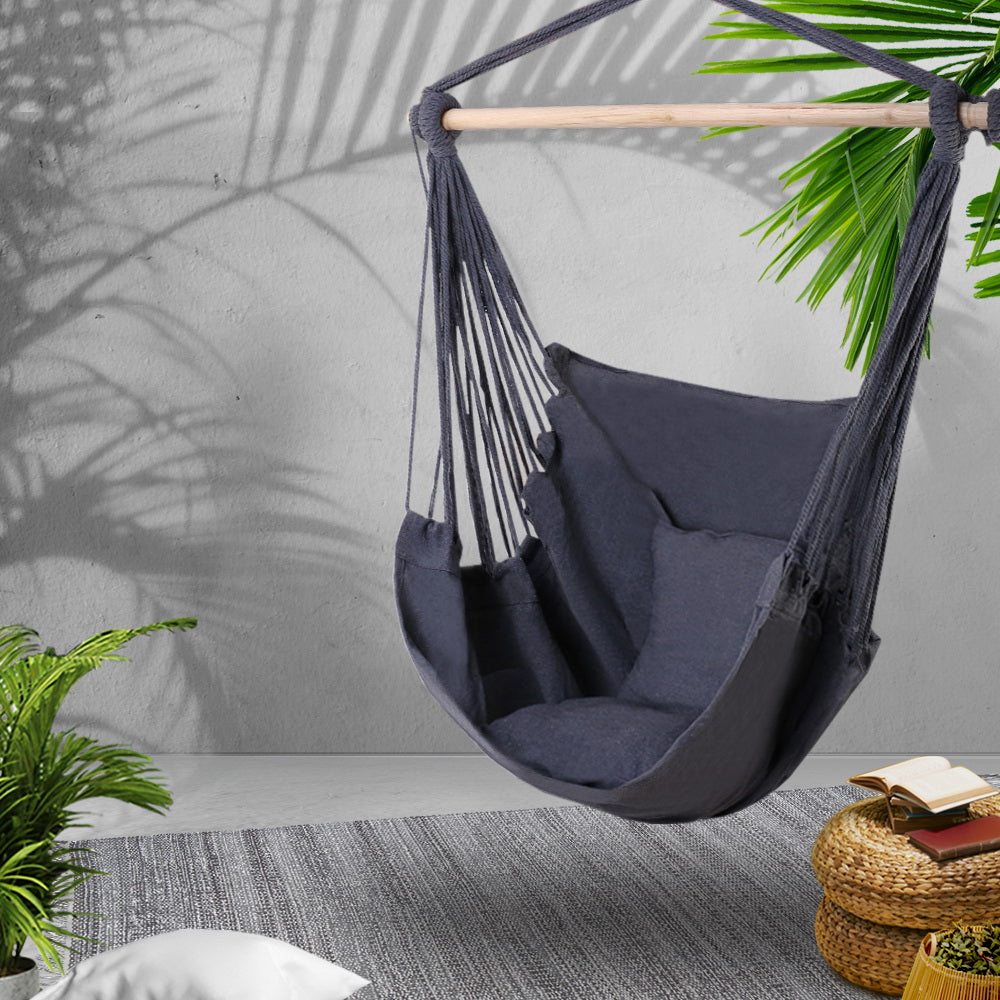 Gardeon Hammock Chair Outdoor Camping Hanging Hammocks Cushion Pillow Grey 7