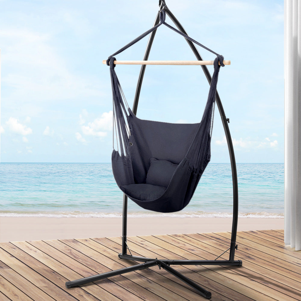 Gardeon Hammock Chair Outdoor Camping Hanging with Steel Stand Grey 7