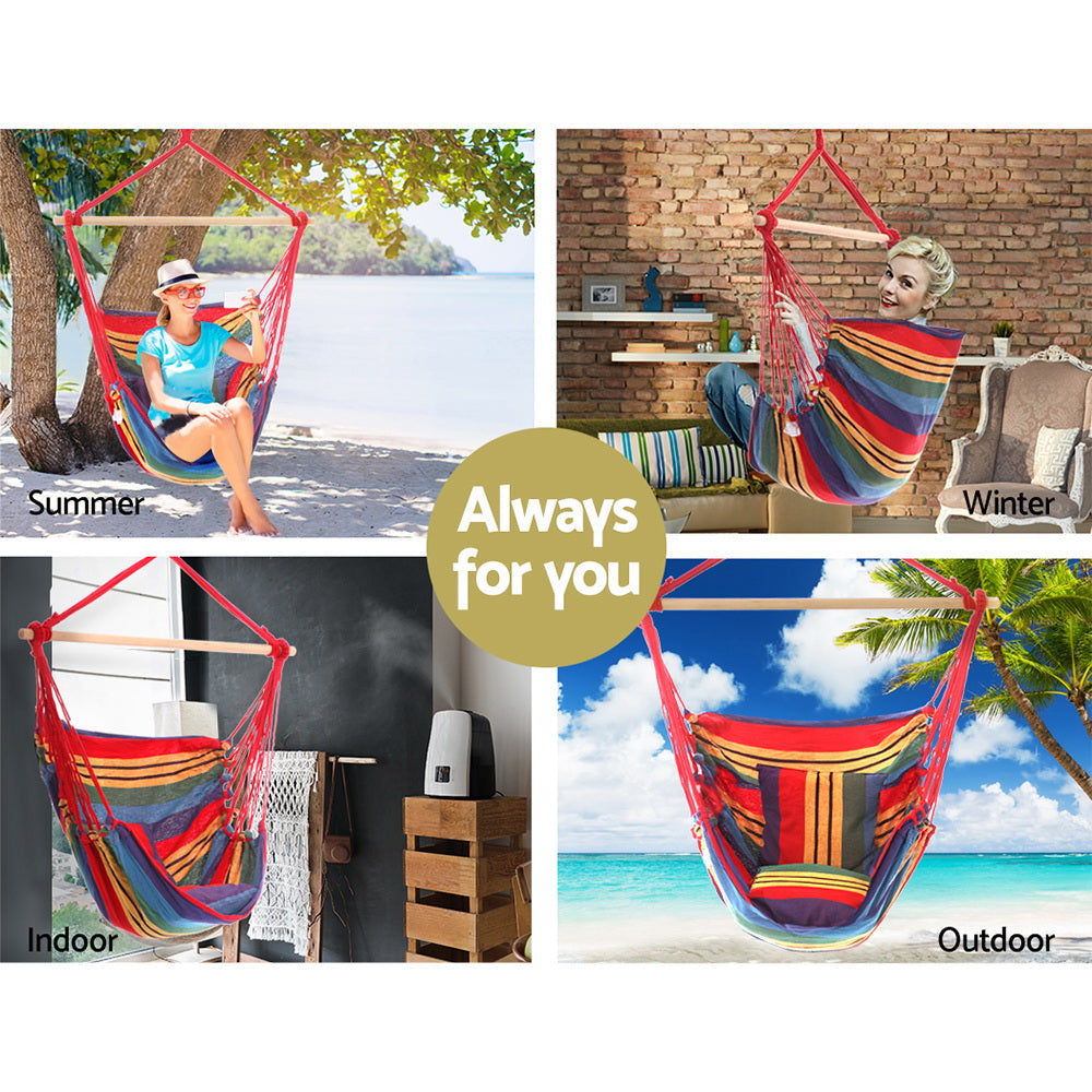 Gardeon Hammock Chair Outdoor Camping Hanging Hammocks Cushion Pillow Rainbow 3