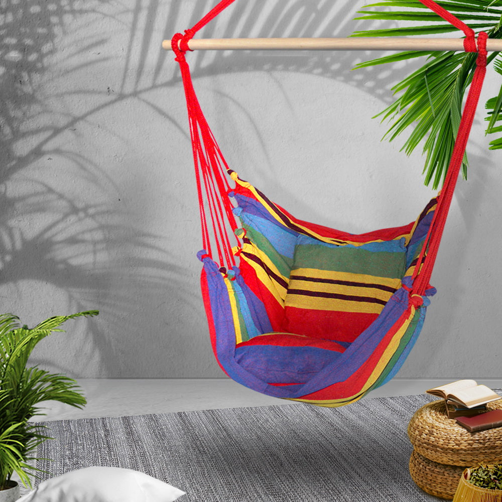 Gardeon Hammock Chair Outdoor Camping Hanging Hammocks Cushion Pillow Rainbow 8