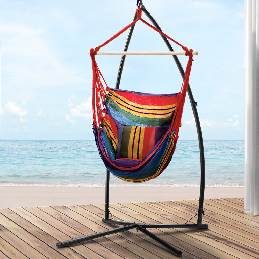 Gardeon Hammock Chair Outdoor Camping Hanging with Steel Stand Rainbow 7