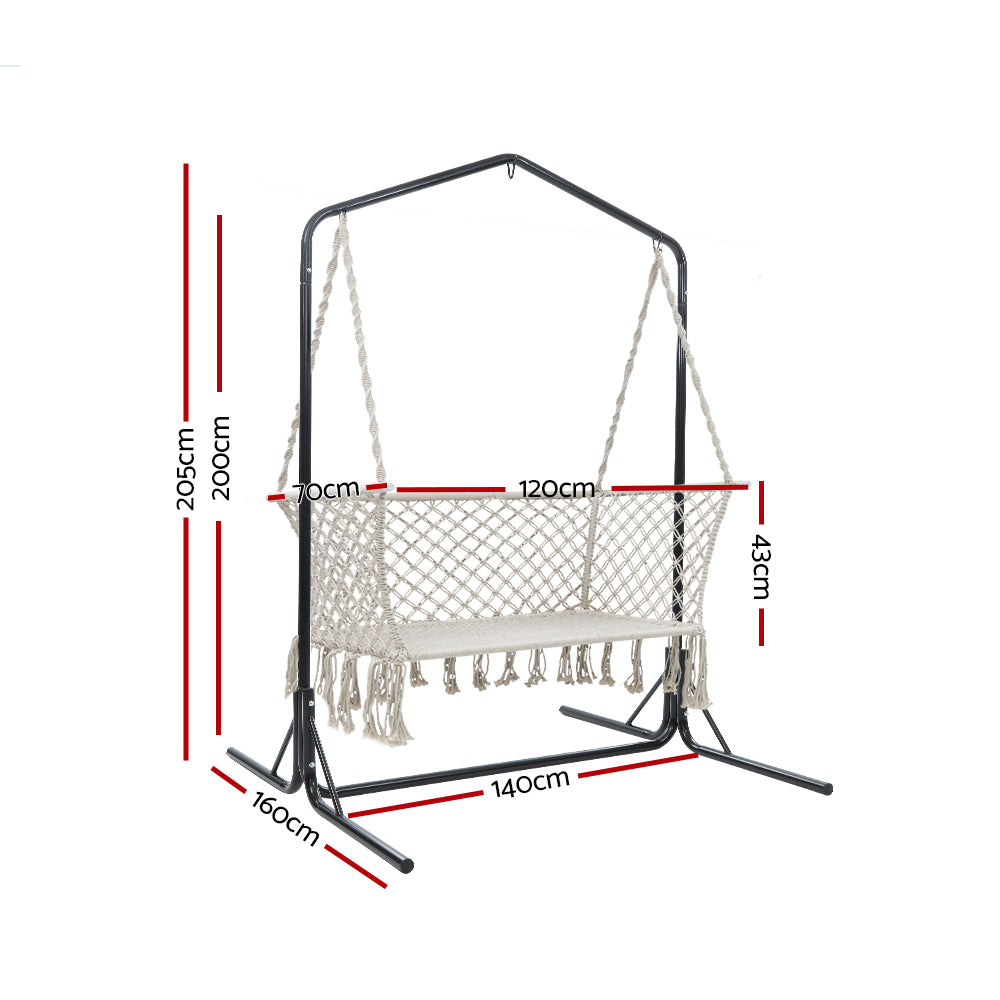Gardeon Hammock Chair with Stand Macrame Outdoor Garden 2 Seater Cream 3
