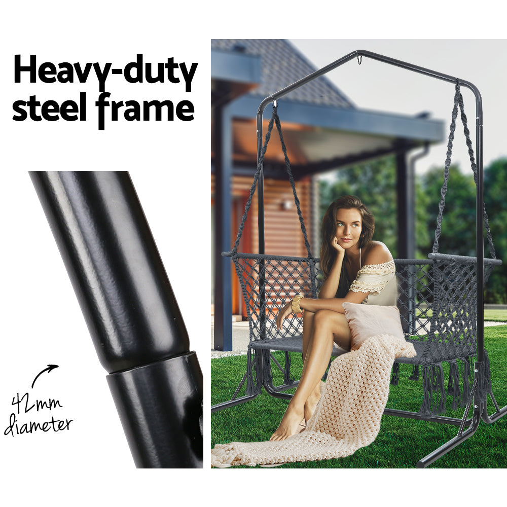 Gardeon Hammock Chair with Stand Macrame Outdoor Garden 2 Seater Cream 5