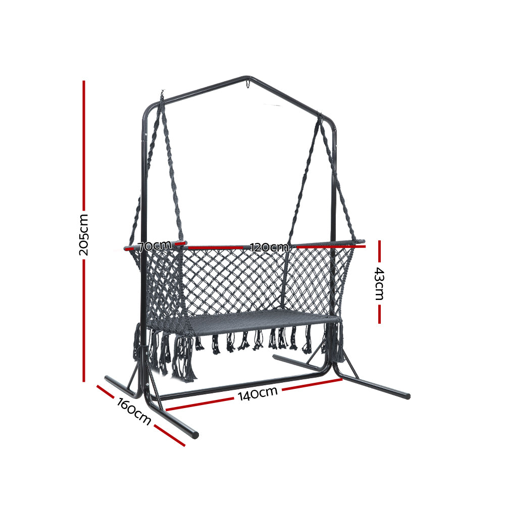 Gardeon Hammock Chair with Stand Macrame Outdoor Garden 2 Seater Grey 3