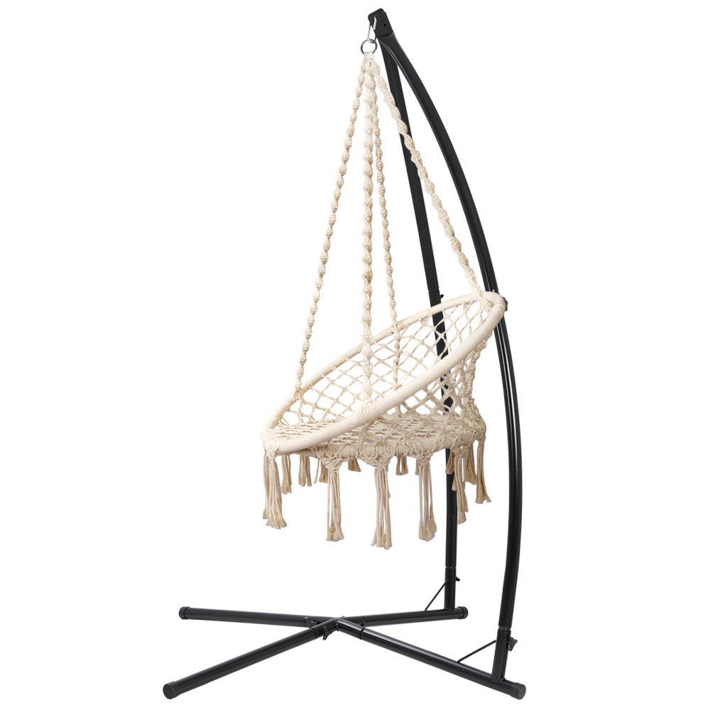Gardeon Hammock Chair with Steel Stand Macrame Outdoor Swinging Cream 3