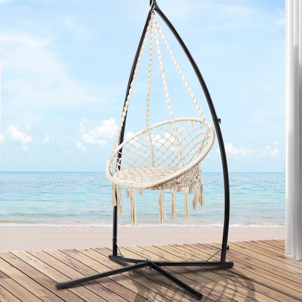 Gardeon Hammock Chair with Steel Stand Macrame Outdoor Swinging Cream 8