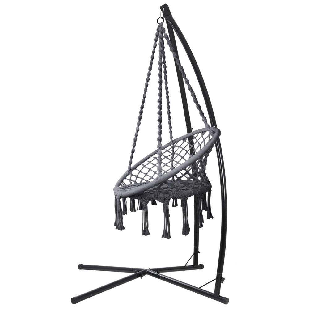 Gardeon Hammock Chair with Steel Stand Macrame Outdoor Swinging Grey 3