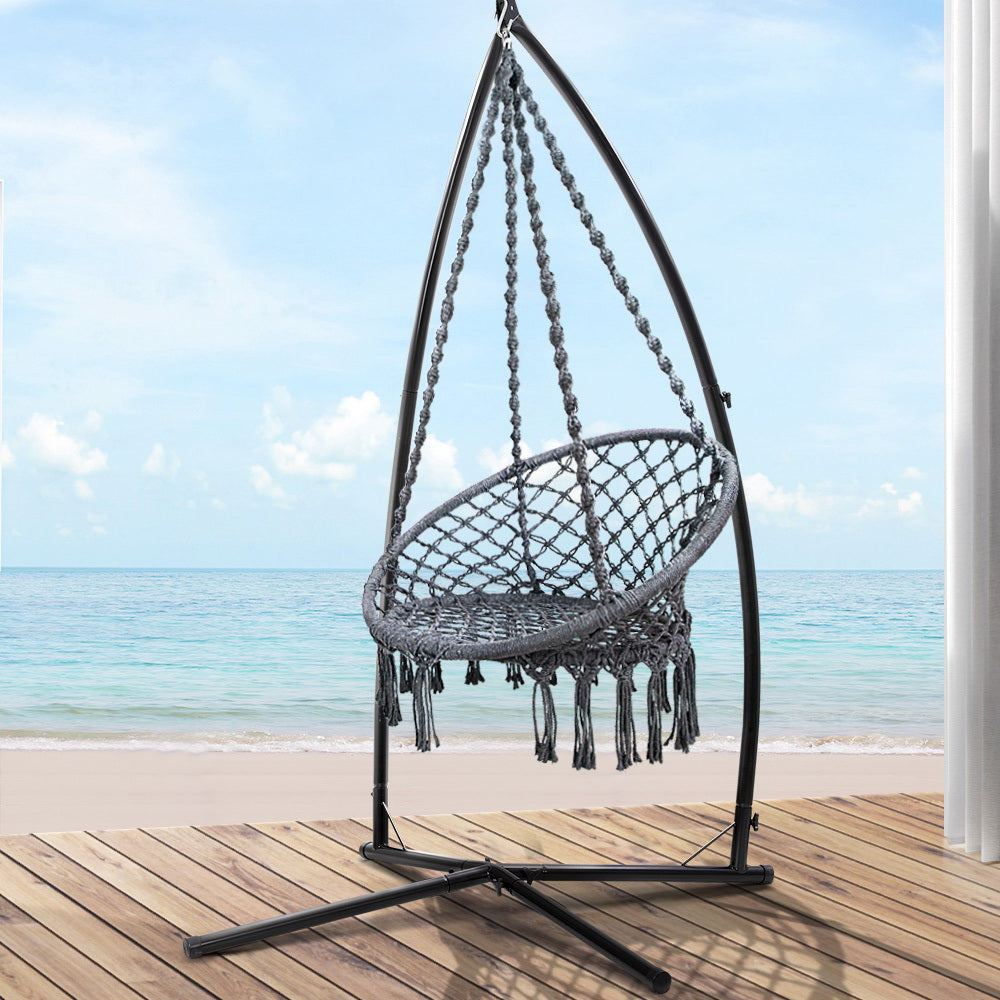 Gardeon Hammock Chair with Steel Stand Macrame Outdoor Swinging Grey 8