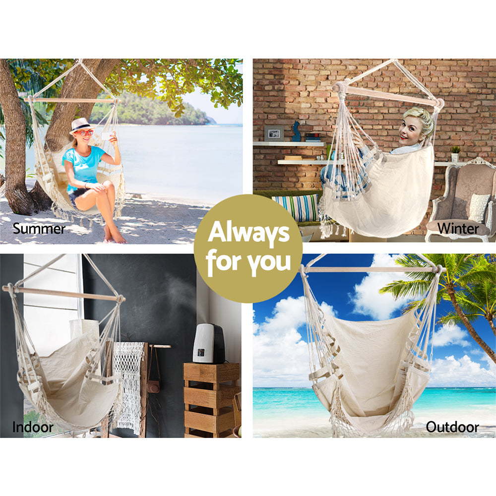 Gardeon Hanging Hammock Chair Outdoor Swing Hammocks Tassel Cream 3