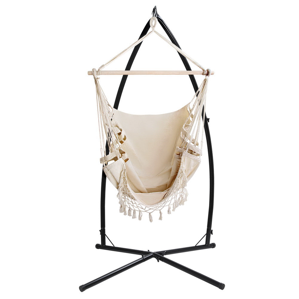 Gardeon Hammock Chair with Steel Stand Hanging Outdoor Tassel Cream 3