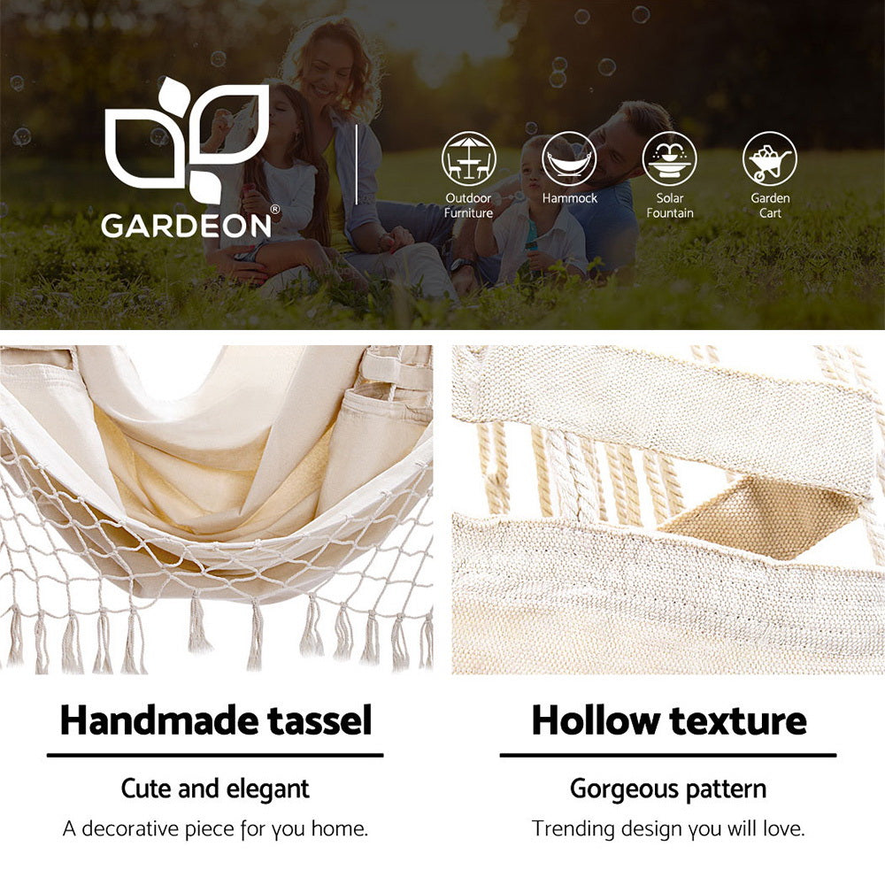 Gardeon Hammock Chair with Steel Stand Hanging Outdoor Tassel Cream 4