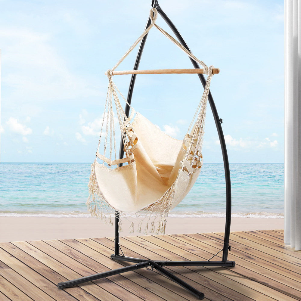 Gardeon Hammock Chair with Steel Stand Hanging Outdoor Tassel Cream 8