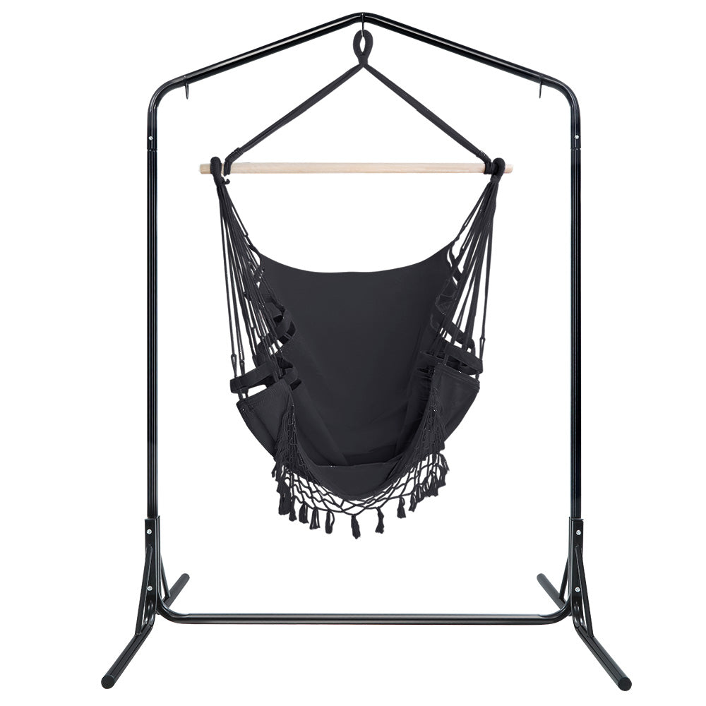Gardeon Outdoor Hammock Chair with Stand Tassel Hanging Rope Hammocks Grey 3